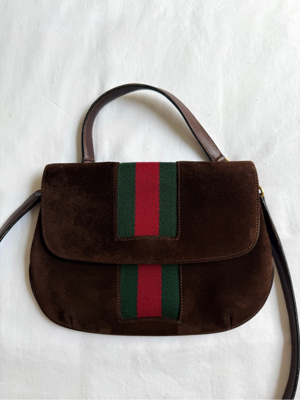 Vintage 1970s Gucci Rare Brown Suede Web Stripe Bag Quiet Luxury Crossbody - Picture 2 of 15